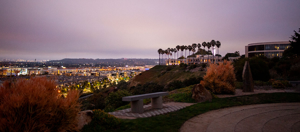 A view from the Garden of Time that overlooks the bluff, Playa Vista, all of downtown Los Angeles, and the distant mountains at sunset