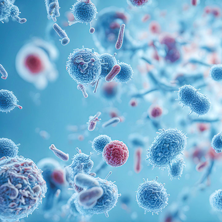 image of blue and red bacteria on blue background